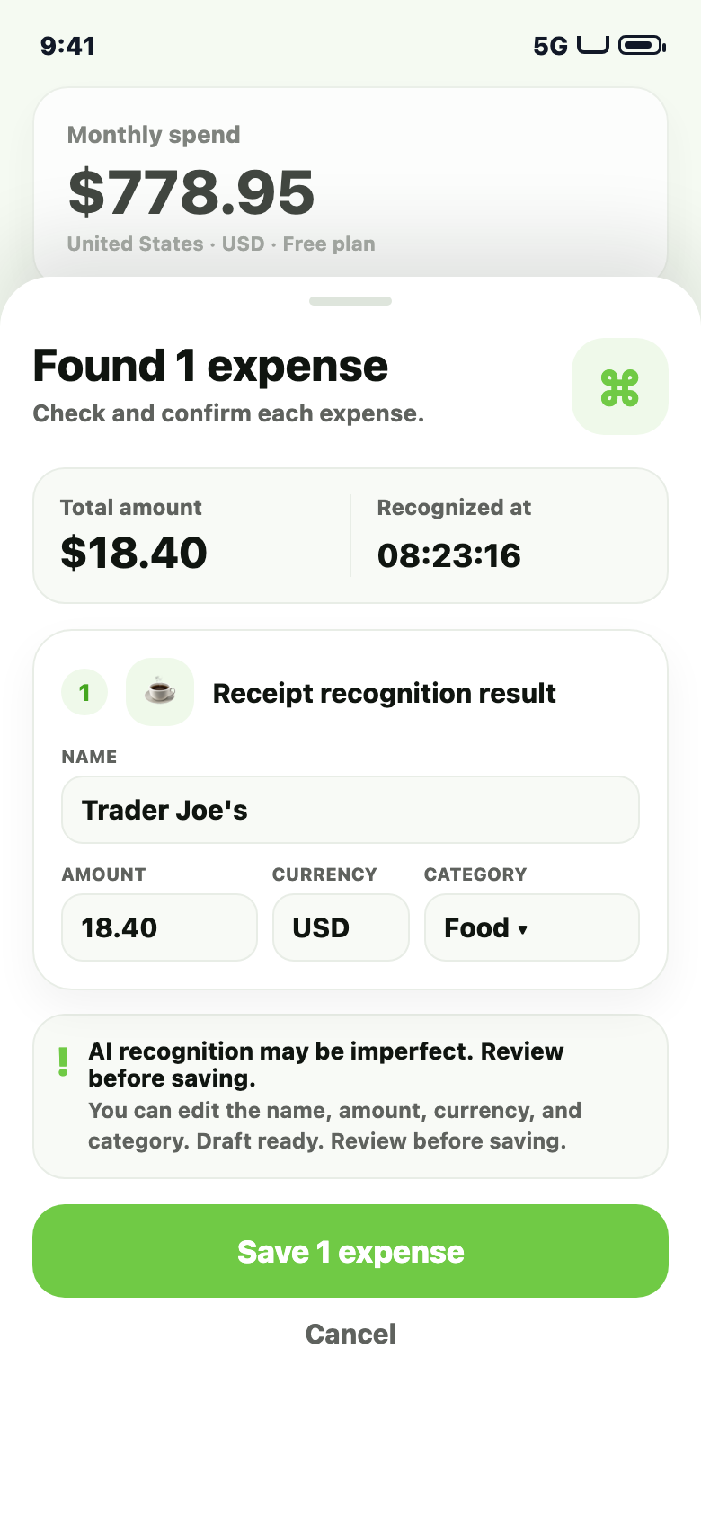 Pelza receipt recognition result screen where an AI draft is reviewed before saving.